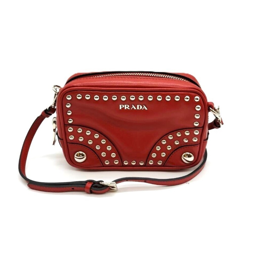 Prada PRADA Shoulder Bag, Studded Mini Pouch, Camera Red Leather, Women's
